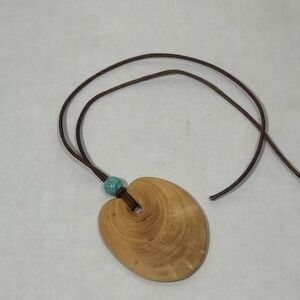Heart Shaped Wood Pendant Necklace with Turquoise Bead and Leather Cord